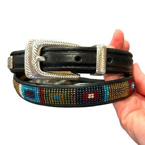 Vintage Beaded Black Leather Belt with Silver Buckle (Brighton?) Size S